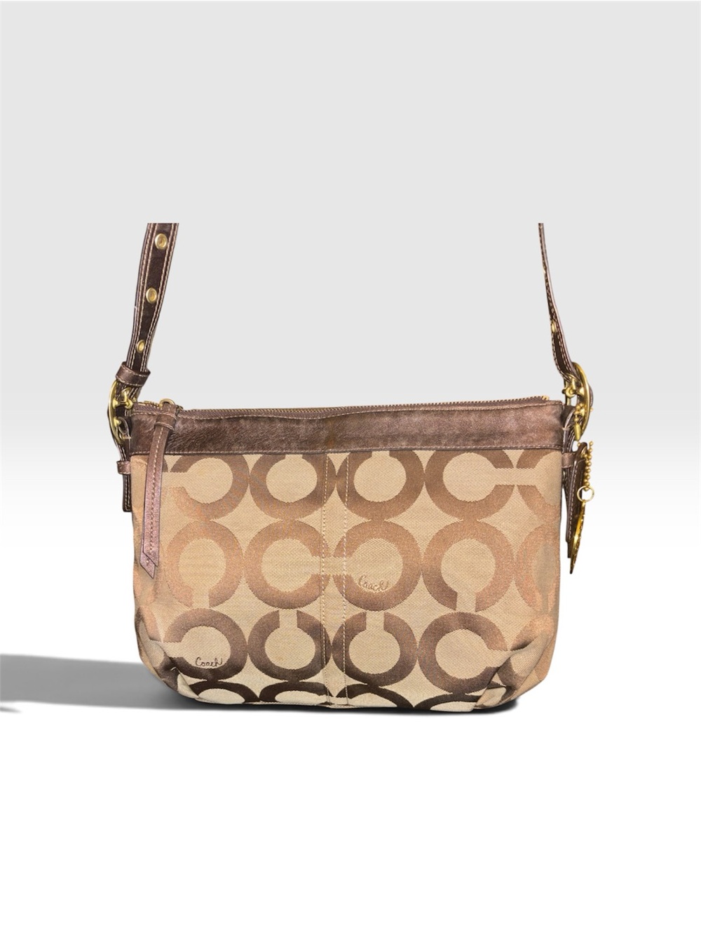 Coach Op Art #13878 Brown Signature 'C' Canvas Crossbody with Metallic Trim